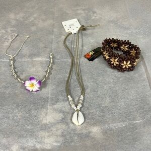 JEWELRY Set: Necklace NWT, Hawaiian Wood Bean Bracelet NWT, Flower Bracelet NWOT